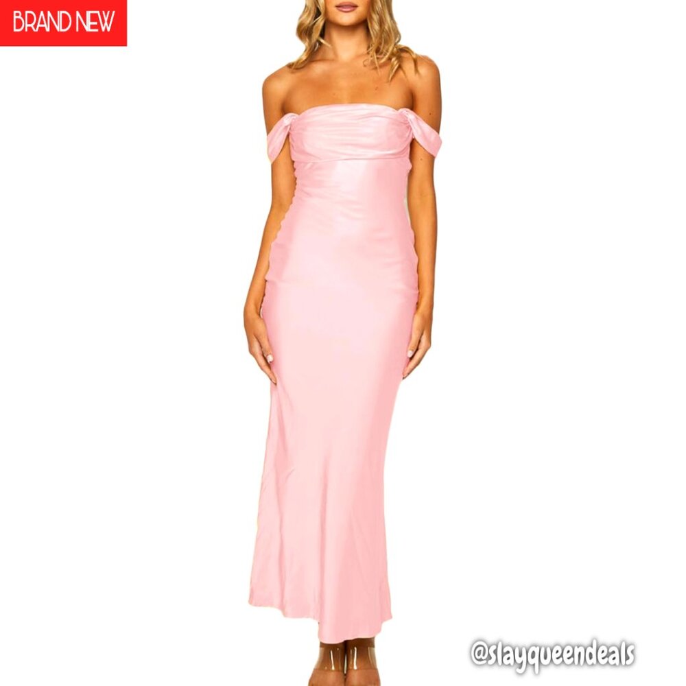 Satin Off Shoulder Backless Maxi Dress Formal Ruched Strapless